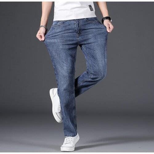 2021 Summer Classic Style Men Straight Blue Thin Jeans Fashion Smart Casual Cotton Elastic Denim Pants Male Brand