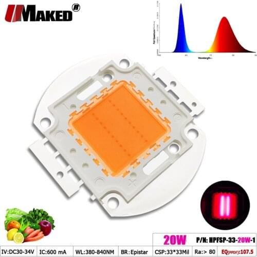 Wholdesale LED Chip 20W 33/45mil 30-34V 600mA Full Spectrum 380-840nm Plant Grow Light Chips For Aquarium Light Hydroponice Lamp