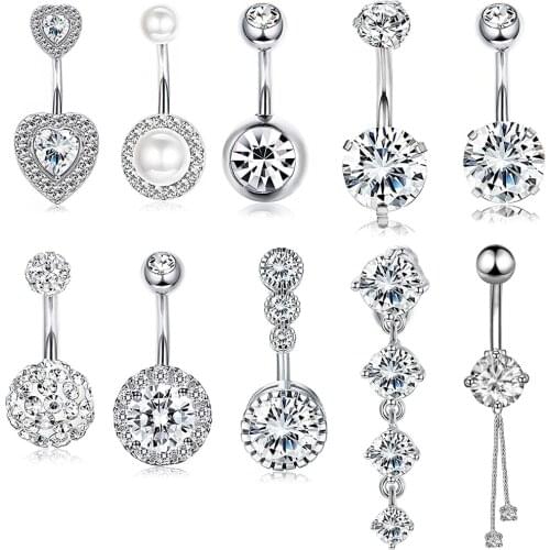 10 Styles Sexy Dangling Navel Belly Button Ring Oreja 14G Double Round Cubic Zirconia 316L Surgical Steel Belly Piercing Jewelry