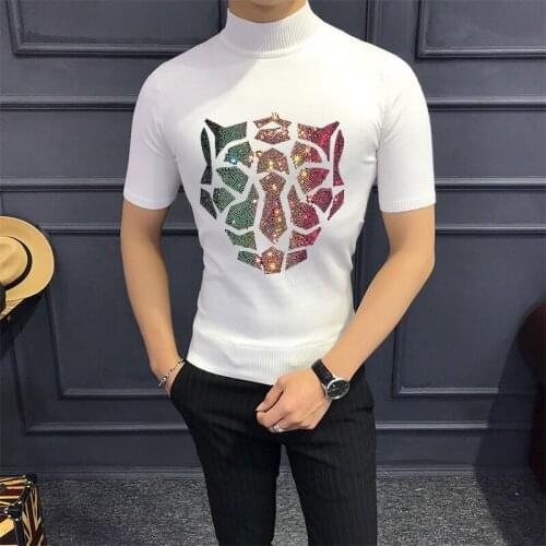 T-Shirt Casual Mens Round Neck High Stretch Slim Knit Crop Solid Color Hot Drill Skull Wool Spring Short Sleeve Kniwear