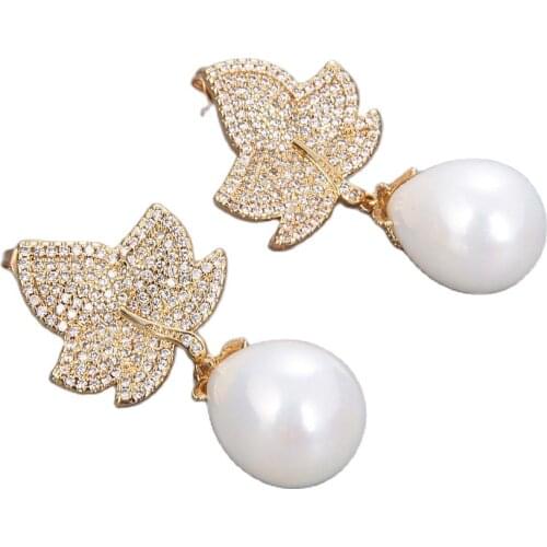 JK 1.7'' White Sea Shell Pearl Gold Plated Cz Micro Pave Drop Earrings