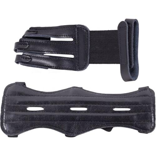High Quality Black Cowhide Leather Recurve Bow Protector Arm Guard Hand Guard Set
