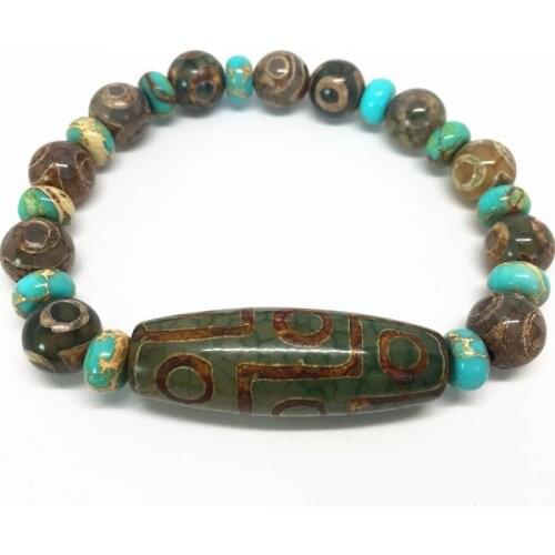 Green Natural Agate 9 eyes Pattern Tibetan Dzi Beads elastic Bracelet for women free shipping
