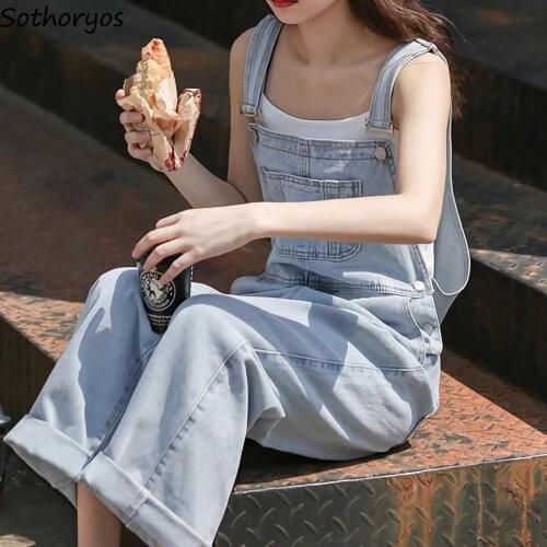 Women Mopping Jumpsuits Solid Denim Retro Pockets Loose Teenagers All-match Leisure Students Classic Ulzzang Fashionable Popular