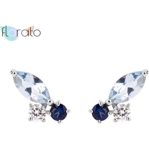 Blue Zircon Stud Earrings 925 Sterling Silver Ear Needle Feather Shape Crystal Earring For Women Delicate Jewelry Pendanties