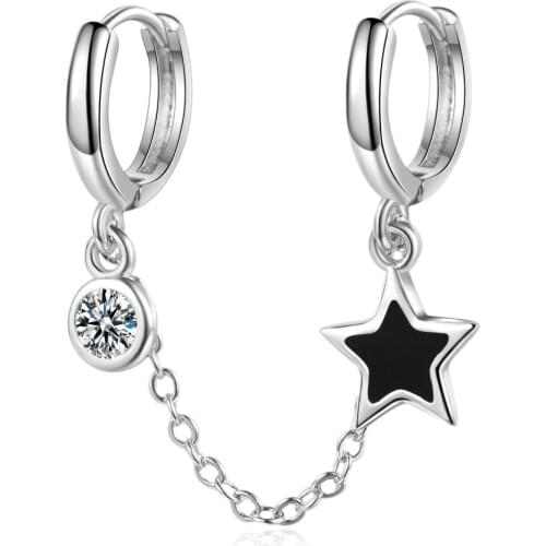 Pentagram Black Star Stud Earrings For Women 925 Sterling Silver Cubic Zirconia Double Pierced Jewelry Bling Trendy Gifts