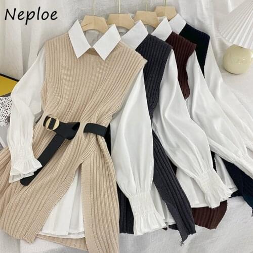 Neploe Simple Fashion 2 Pcs Women Set Turn-down Collar Single Breasted Shirts Chic Belt Slim Waist Split Knitted Vest Suit