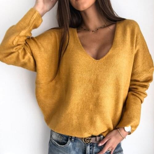 Women Knitted Pullover Top Long Sleeve V neck Sweater Elegant Laies Loose Knitwear Dames Casual Streetwear Clothes