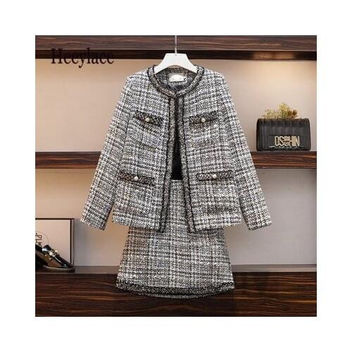 Plus size office ladies vintage tweed two pieces set for women korean england elegant long sleeve coat and mini skirt women suit