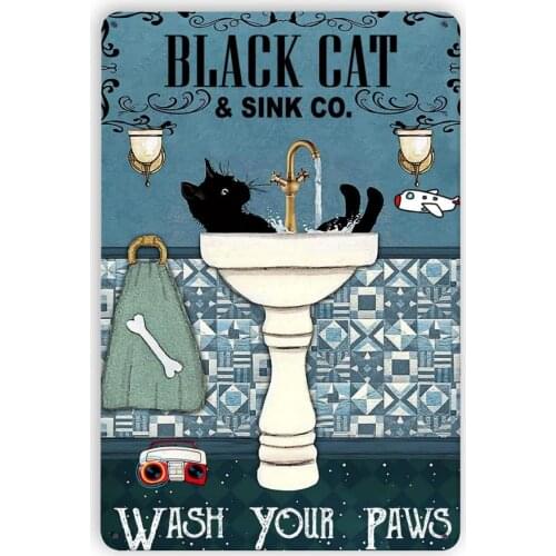 DZGlobal Cat Tin Sign - Vintage Black Cat Wash Your Paws Tin Sign for Cat Crossing Sign, Bathroom Backyard Garage Man Cave Shed