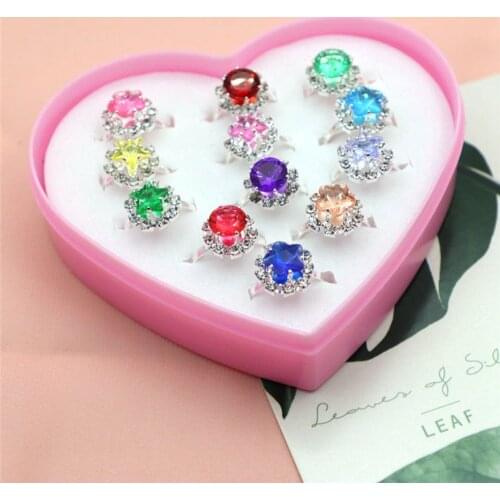12pcs/box Children Colorful Rhinestone Finger Rings Shiny Adjustable Rings for Girls with Heart-shaped Box
