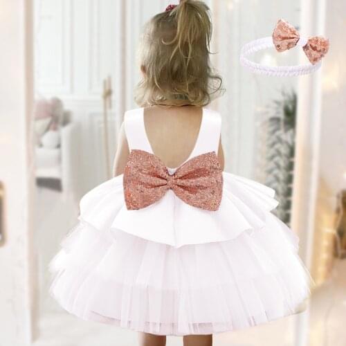 2021 White Golden Bow Baptism 2 1 Year Birthday Dress For Baby Girl Clothing Princess Dresses Party Dress Backless Headband 2PC