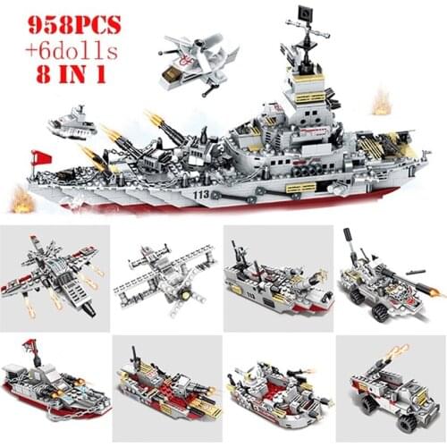 958Pcs Technical Warship Navy Aircraft Army Soldier Figure Building Blocks Army Weapon City Bricks Educational Toys For Children