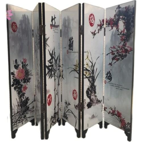 Antique folding six screens, plum, orchid, bamboo, chrysanthemum, Chinese style lacquer painting handicraft, home decoration gif