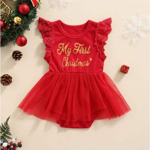 Lovely Kids Chritams Romper Skirt Sleeveless Round Neck Lettering Tops Yarn Skirt Triangle Crotch Xmas Costume Baby Clothing