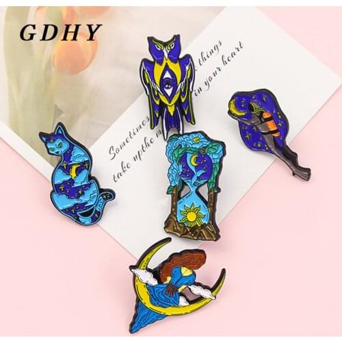 GDHY Starry Sky Enamel Pins Hourglass Owl Cat Badge Sun Moon Day Night Astronaut Brooches Bag Lapel Brooch Badge Jewelry Gift