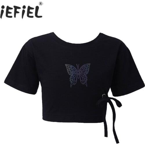Kids Girls Cotton Butterfly Print Tank Tops Short Sleeve Jazz Dance Hip Hop Performance Costume Side Straps Tie Sport Crop Tops