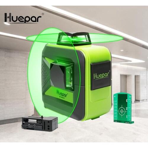 Huepar 8 Lines Green Beam 3D Cross Line Laser Level Self-Leveling 360 Vertical & Horizontal USB Charge Use Dry & Li-ion Battery