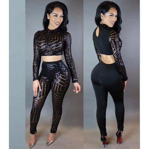 AHVIT Sequinted Solid Color Women Two Piece Set Long Sleeve Round Collar Crop Top And Skinny Long Pants YDN255