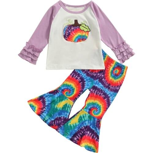 Lioraitiin 1-6Years Baby Girl Halloween Lovely Clothes Set Ruffles Long Sleeve Pumpkin Pullover T Shirts Tie-dyed Flared Pants