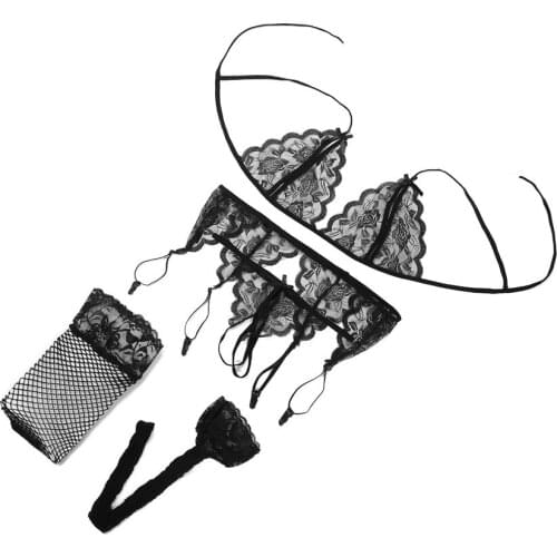Women Lingerie Set Lace Bra Ensemble Sujetador Transparent Bra Set Sexy Underwear Bras&G-String&Net Socks&Sling Lenceria Mujer