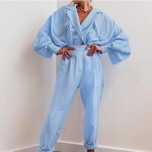 Spring Summer Two Piece Set Tracksuit Casual Outfit Suits Women Loose Long Blouse Tops Straight-Leg Pants Linen 2 Piece Sets