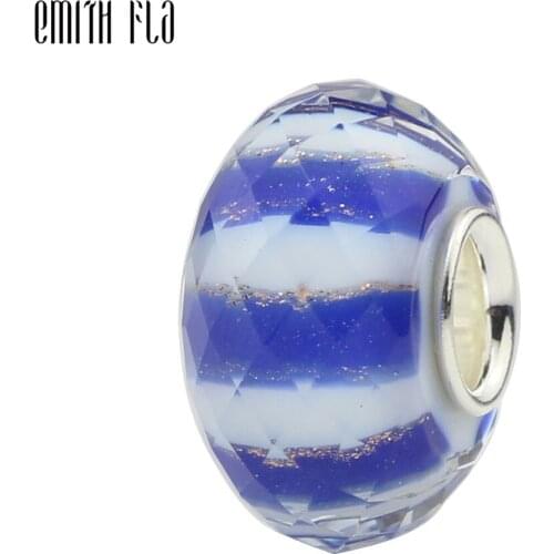 925 Sterling Silver Blue Stripe Round Murano Glass Bead Charms Fit For European Original Bracelet Necklace DIY Jewelry Makings