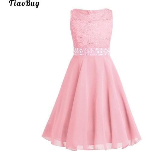 Summer Sequined Lace Chiffon Sleeveless Flower Girl Dress Princess Pageant Wedding Bridesmaid Birthday Party Dress