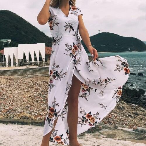 Summer Women Floral Print Long beach Dresses Chiffon split V-neck Sexy maxi dress