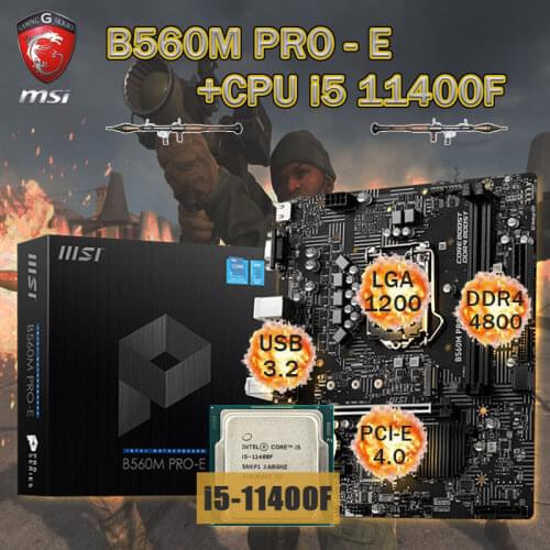 LGA 1200 MSI B560M PRO-E Motherboard + CPU Intel Core i5 11400F Set DDR4 64Gb 4800MHz M.2 PCI-E 4.0 VGA Placa-mãe Desktop B560