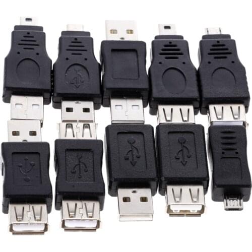 10pcs OTG 5pin F/M Mini Changer Adapter Converter USB Male to Female Micro USB Adapter Connector Black Wholesale
