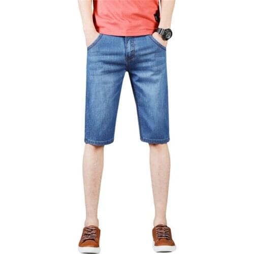 Fashion Summer Mens Stretch Ripped Jeans Shorts Solid Casual Knee-length Slim Fit Elastic Denim Shorts Mens Clothing