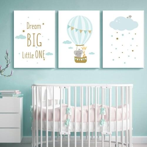 Nordic Elephant Nursery Wall Art Print Blue Cloud Quotes Canvas Painting Cartoon PostersAnd Prints Wall Pictures Baby Room Decor