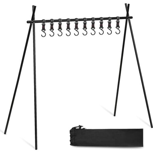 Outdoor Camping Equipment Hanging Rack Folding Shelf Aluminum Alloy Cookware Triangle Rack Clothes Storage Hanger with 10 Hooks