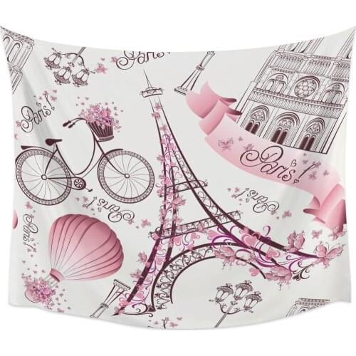 Paris Eiffel Tower Pink Street Lamp Bicycle Tapestry Cover Beach Towel Picnic Yoga Mat Home Decoration