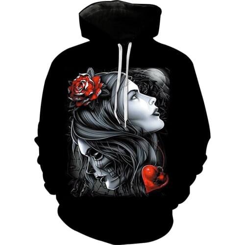 Papertiger Red Rose Beauty And Skull Print Black Casual 3D Hooded Sweatshirts