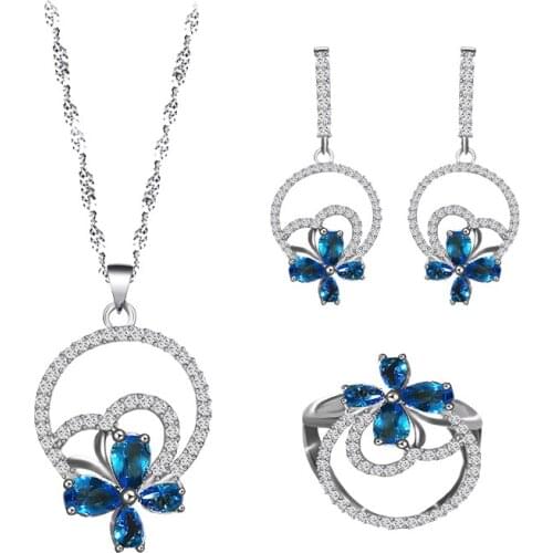 ROLILASON For lover gifts Butterfly Flower Design 925 Silver light blue Zircon Earrings Necklace Rings Jewelry Sets JS855