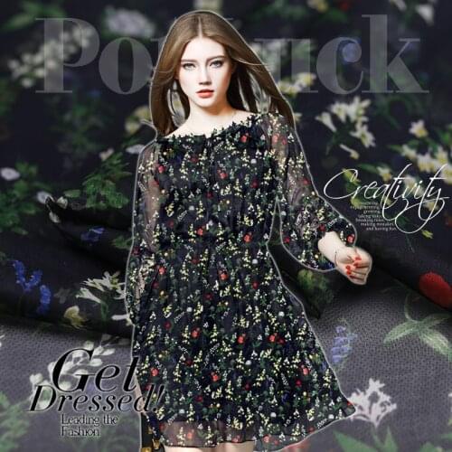 Navy with floral print 100% silk chiffon fabric for dress telas de chiffon tecidos stoffen 8mm cheap natural silk fabric