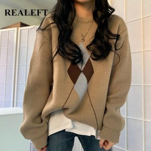 REALEFT 2021 New Winter Womens Sweater Vintage Long Sleeve Diamond Pattern Round Neck Casual Loose Ladies Knitting Pullovers