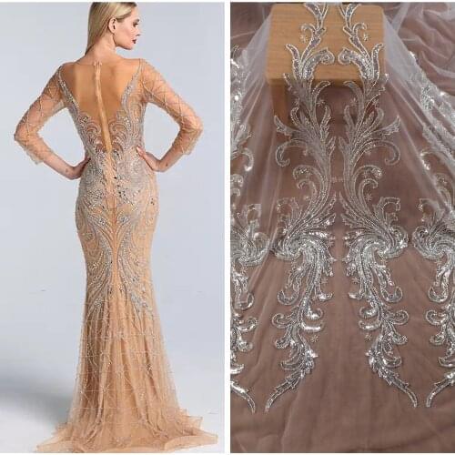 La Belleza new wedding dress lace fabric ,Heavy silver beaded sequins on off white mesh lace fabric 100cm width 1 yard