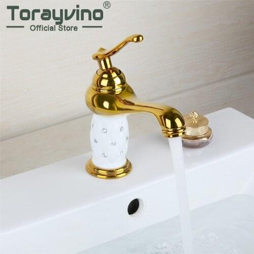 Torayvino RU Gold Bathroom Wash Basin Sink Faucet Diamond Crystal Body Tap Single Handle Deck Mount Vessel Vanity Tap Mixer