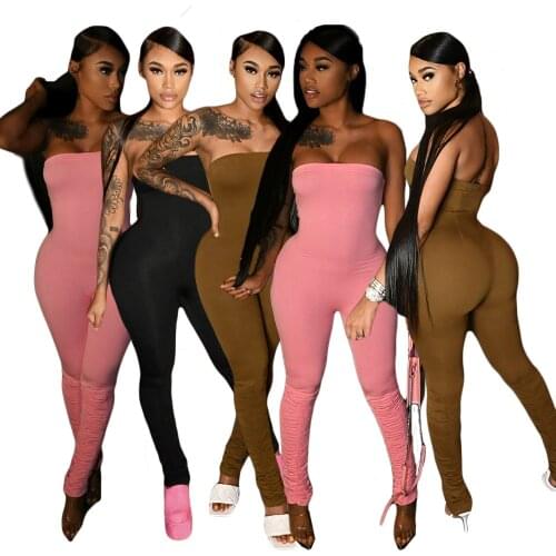 Solid Color Slash Neck Stacked Legs Jumpsuit Women Fitness Skinny High Waist Outfits 2021 Summer Club Party One Piece Overalls