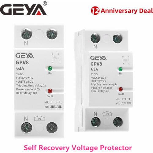 GEYA GPV8 Din Rail Automatic Voltage Protector 220VAC Self Recovery Over Voltage and Under Voltage Protective device