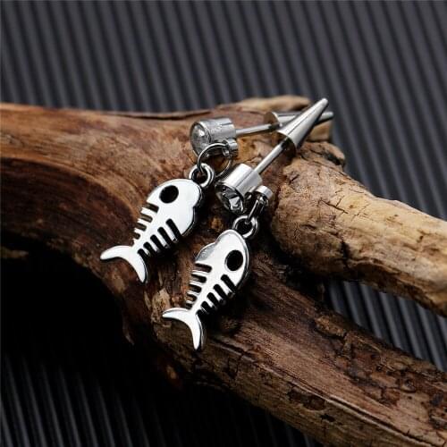 Top Quality Trendy Stainless Steel CZ Alloy Retro Steel Color Earring Fish Bones Hanging Earings Fashion Jewelry Gift for Man