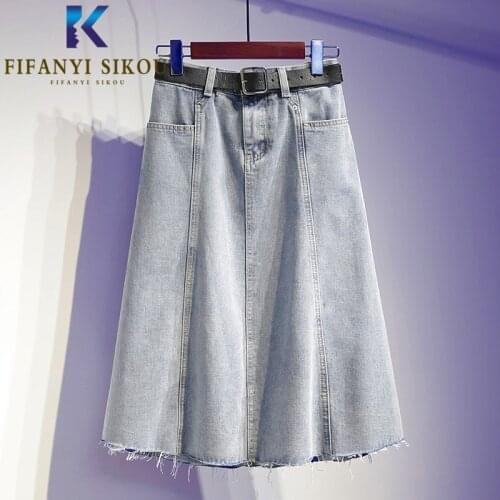 Spring Summer Women Plus Size Denim Skirt Pocket High waist Mid Long Skirt Female Fashion Loose A-Line Jeans Skirts With Belt