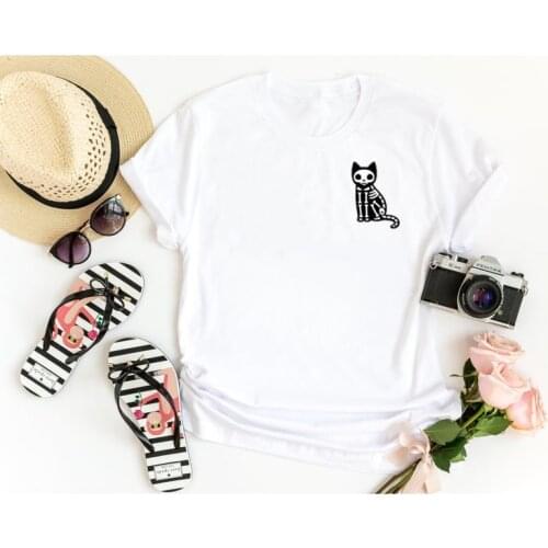 Skeleton Cat Pocket Halloween Shirt 100% Cotton T Shirt Short Sleeve Womens Streetwear Aesthetic O Neck Top Tee Drop Shipping