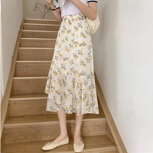 Faldas Mujer Moda 2021 Floral Skirt Falda Midi Jupe Taille Haute Robe Ete Chiffon Asymmetrical Sweet Summer Elastic Waist A158