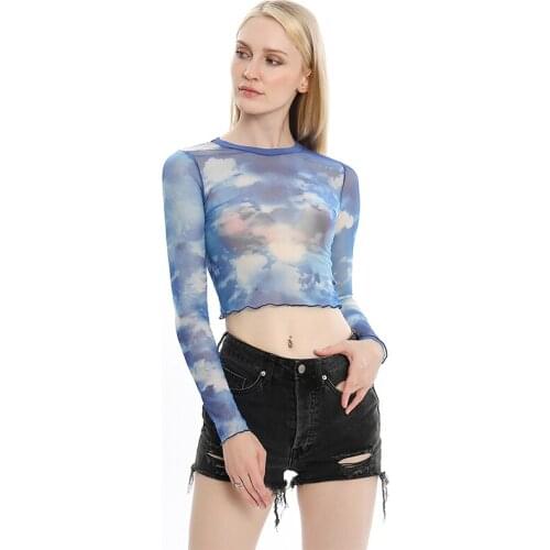 Blue Sky Cloud Print Mesh Tshirt Women Top Transparent Casual Summer T-shirt Patchwork Sexy Tee Shirt Femme Camiseta