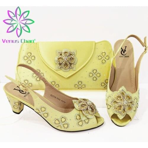 2021 African Fashion Fullness of Crystal Metal Italian Design Style in Yellow Color Party Wedding Women Shoes and Bags Sets