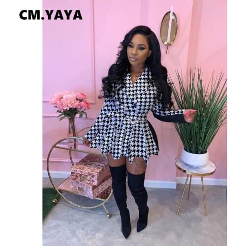 CM.YAYA Women Notched Neck With Sashes Pleated Patchwork Dress Houndstooth Patchwork Long Sleeve Sexy Mini Dresses
